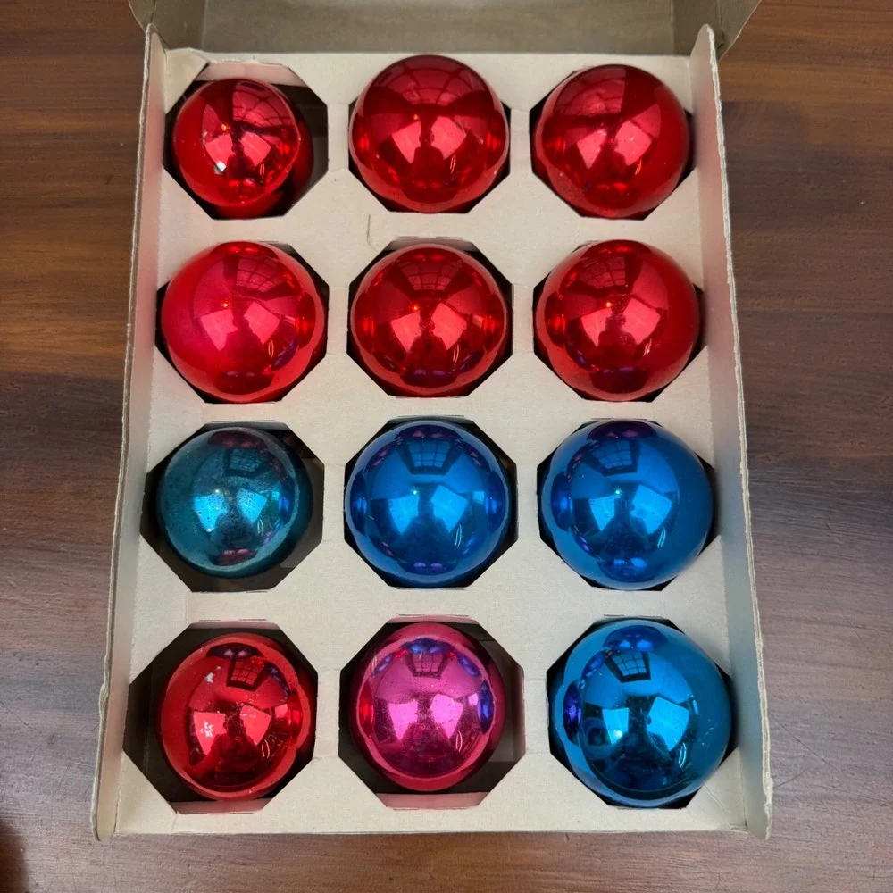 Vintage Holly Glass Christmas Ornaments Red Blue Set of 24 2.25